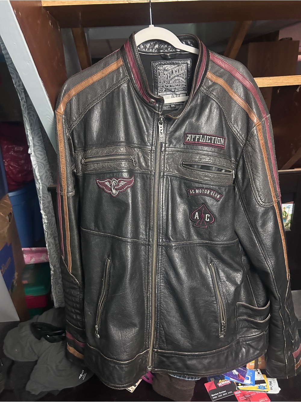 Affliction Black Leather Bomber Jacket with Burgundy & Tan Stripes
